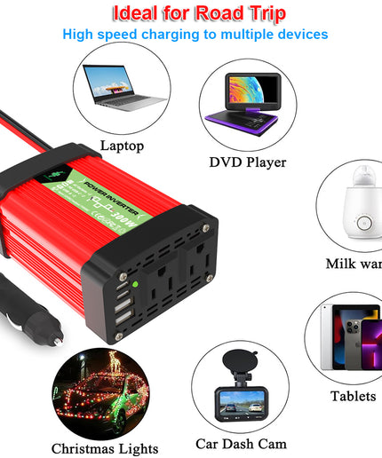 200W Power Inverter, DC 12V to 110V/220V AC Car Plug Adapter Outlet Converter with [25W PD USB-C] & [25W QC USB-A] Fast Charging Ports and 2 AC Outlets Car Power Inverters for Vehicles