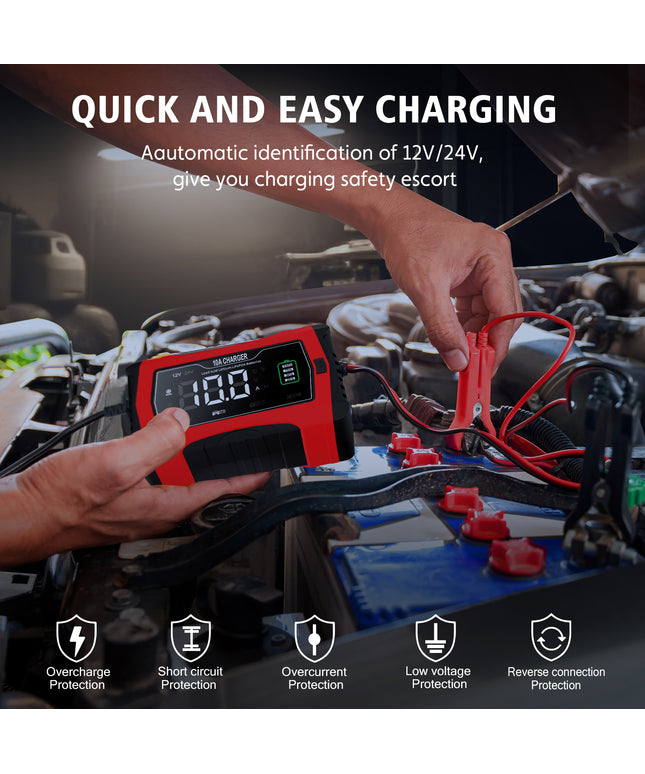 10-Amp Car Battery Charger, 12V and 24V Automotive Charger, Battery Maintainer, Trickle Charger for Car, Motorcycle, Marine, Boat, Lead-Acid, Lithium, LiFePo4 Battery
