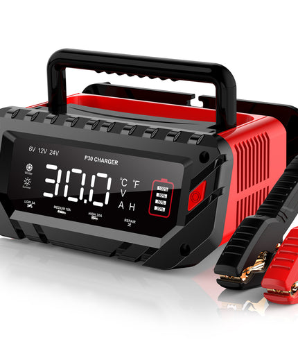 30-Amp Car Battery Charger, 6V/12V/24V Smart Automatic Automotive Charger, Battery Maintainer, Trickle Charger for Car, Motorcycle, Boat, Lead-Acid, Lithium, LiFePo4 Battery