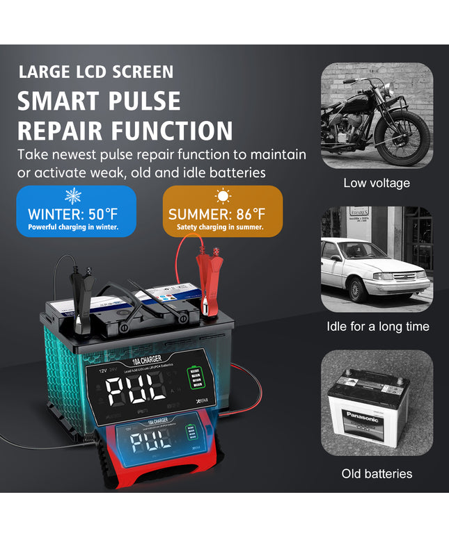 10-Amp Car Battery Charger, 12V and 24V Automotive Charger, Battery Maintainer, Trickle Charger for Car, Motorcycle, Marine, Boat, Lead-Acid, Lithium, LiFePo4 Battery