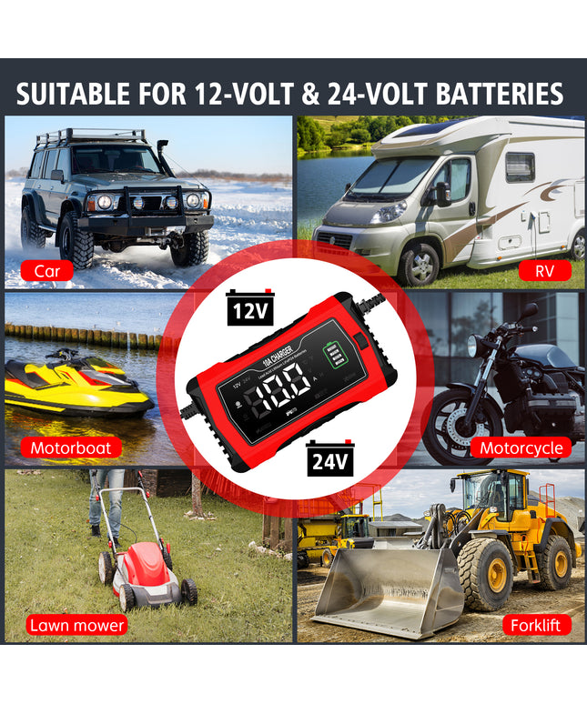 10-Amp Car Battery Charger, 12V and 24V Automotive Charger, Battery Maintainer, Trickle Charger for Car, Motorcycle, Marine, Boat, Lead-Acid, Lithium, LiFePo4 Battery