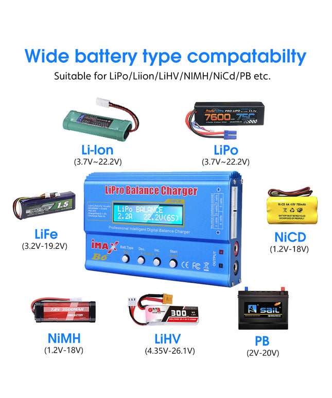 IMAX B6 LiPo Battery Charger 1S-6S LiPo Life Li-ion Balance Fast Charger Discharger 80W 6A Smart Digital Battery Pack Charger NiCD NiMH PB Smart Battery Battery for RC Car