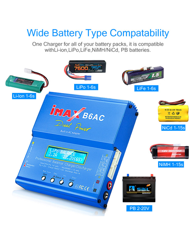 IMAX B6AC LiPo Battery Charger 1S-6S LiPo Life Li-ion Balance Fast Charger Discharger 80W 6A Smart Digital Battery Pack Charger NiCD NiMH PB Smart Battery Battery for RC Car