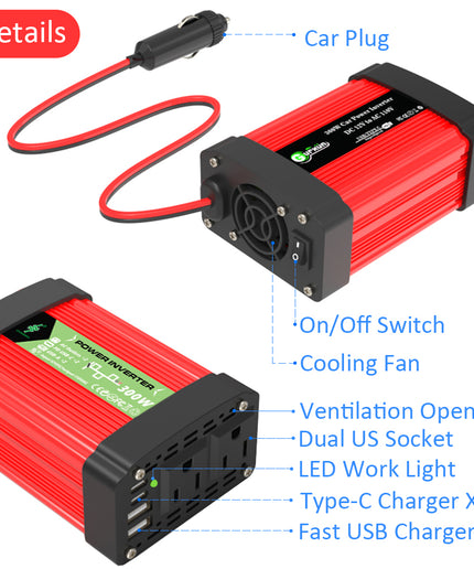 200W Power Inverter, DC 12V to 110V/220V AC Car Plug Adapter Outlet Converter with [25W PD USB-C] & [25W QC USB-A] Fast Charging Ports and 2 AC Outlets Car Power Inverters for Vehicles