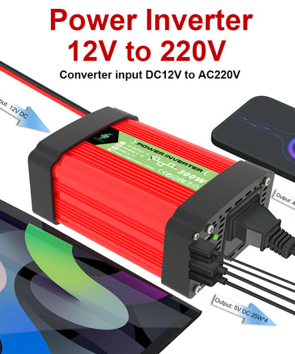 200W Power Inverter, DC 12V to 110V/220V AC Car Plug Adapter Outlet Converter with [25W PD USB-C] & [25W QC USB-A] Fast Charging Ports and 2 AC Outlets Car Power Inverters for Vehicles