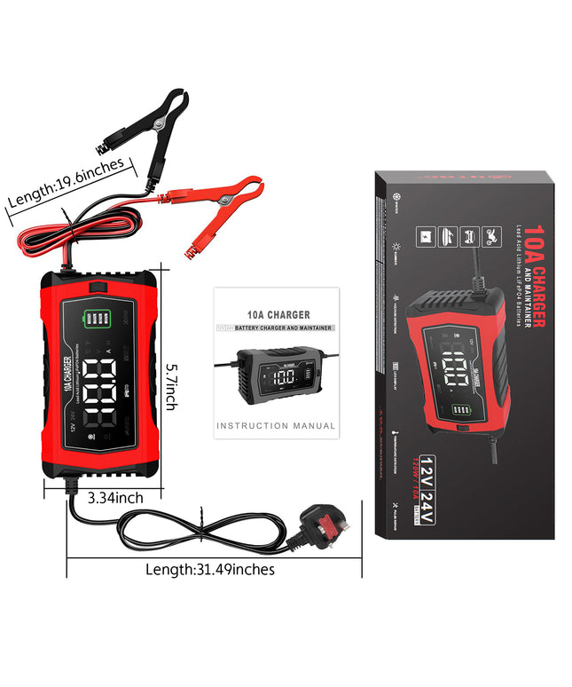 10-Amp Car Battery Charger, 12V and 24V Automotive Charger, Battery Maintainer, Trickle Charger for Car, Motorcycle, Marine, Boat, Lead-Acid, Lithium, LiFePo4 Battery