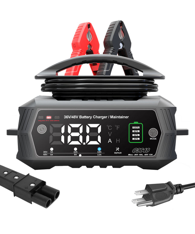 36 Volt Golf Cart Charger 18 Amp Smart Charger, Large Screen Trickle Charger, 36V/18Amp and 48V/13 Amp, Lithium, LiFePO4, Lead-Acid AGM/Gel/SLA Battery Charger, for Yamaha G19-G22, Car, Boat
