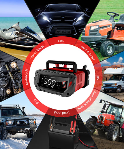 30-Amp Car Battery Charger, 6V/12V/24V Smart Automatic Automotive Charger, Battery Maintainer, Trickle Charger for Car, Motorcycle, Boat, Lead-Acid, Lithium, LiFePo4 Battery