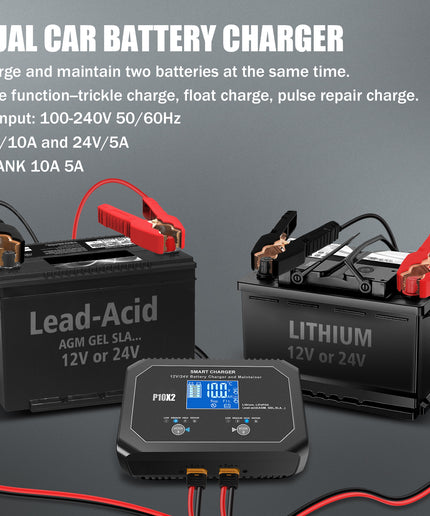 2-Bank Automatic Smart Charger, 12V/10A 24V/5A Dual Automotive Car Battery Charger with LED Display, Battery Maintainer, Float Charger, Trickle Charger for Lead-Acid, Lithium, LiFePo4 Battery