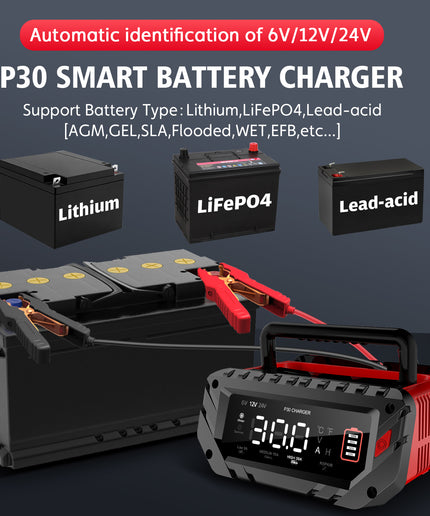 30-Amp Car Battery Charger, 6V/12V/24V Smart Automatic Automotive Charger, Battery Maintainer, Trickle Charger for Car, Motorcycle, Boat, Lead-Acid, Lithium, LiFePo4 Battery