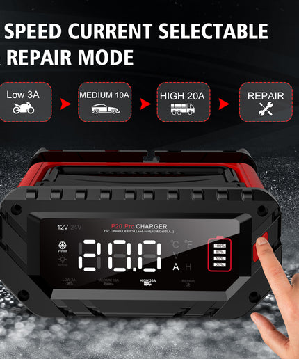 20-Amp Car Battery Charger, 12V/24V Smart Automatic Automotive Charger, Battery Maintainer, Trickle Charger for Car, Motorcycle, Boat, Lead-Acid, Lithium, LiFePo4 Battery