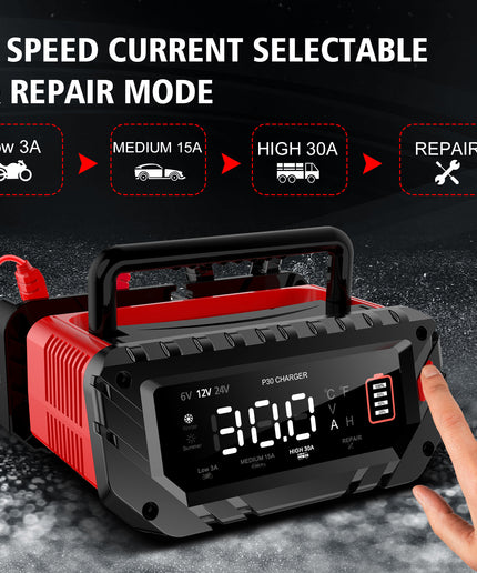 30-Amp Car Battery Charger, 6V/12V/24V Smart Automatic Automotive Charger, Battery Maintainer, Trickle Charger for Car, Motorcycle, Boat, Lead-Acid, Lithium, LiFePo4 Battery