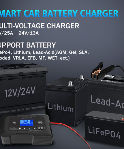 25 Amp Lithium Battery Charger, 12V and 24V Lifepo4,Lead-Acid(AGM/Gel/SLA..) Battery Charger ,Battery Maintainer, Trickle Charger, and Battery Desulfator for Car ,Boat,Motorcycle, Lawn Mower