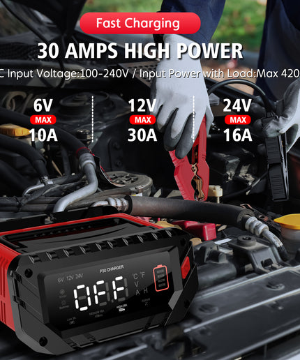 30-Amp Car Battery Charger, 6V/12V/24V Smart Automatic Automotive Charger, Battery Maintainer, Trickle Charger for Car, Motorcycle, Boat, Lead-Acid, Lithium, LiFePo4 Battery