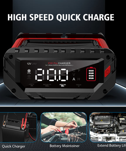 20-Amp Car Battery Charger, 12V/24V Smart Automatic Automotive Charger, Battery Maintainer, Trickle Charger for Car, Motorcycle, Boat, Lead-Acid, Lithium, LiFePo4 Battery