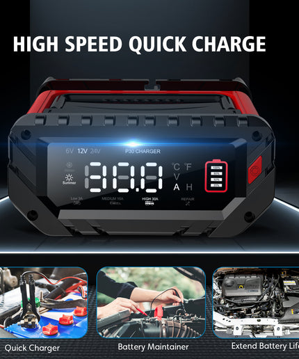 30-Amp Car Battery Charger, 6V/12V/24V Smart Automatic Automotive Charger, Battery Maintainer, Trickle Charger for Car, Motorcycle, Boat, Lead-Acid, Lithium, LiFePo4 Battery