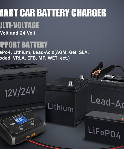 2-Bank Automatic Smart Charger, 12V/10A 24V/5A Dual Automotive Car Battery Charger with LED Display, Battery Maintainer, Float Charger, Trickle Charger for Lead-Acid, Lithium, LiFePo4 Battery
