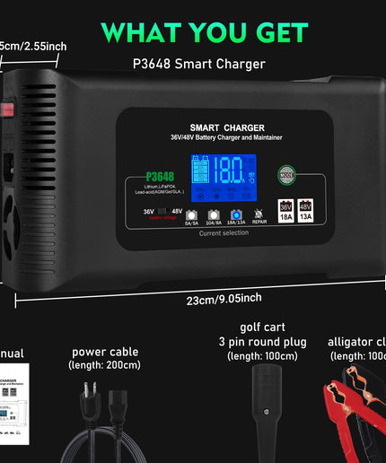 Golf Cart Battery Charger, 36 Volt 18 AMP/48 Volt 13 Amp Car Charger for Club Car Golf Carts with 3 Pin Round Plug, Lithium, LiFePO4, Lead-Acid AGM/Gel/SLA Smart Charger