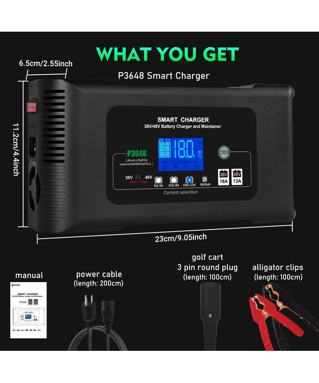 Golf Cart Battery Charger, 36 Volt 18 AMP/48 Volt 13 Amp Car Charger for Club Car Golf Carts with 3 Pin Round Plug, Lithium, LiFePO4, Lead-Acid AGM/Gel/SLA Smart Charger
