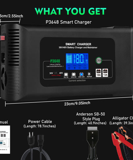 Golf Cart Battery Charger, 36 Volt 18 AMP/48 Volt 13 Amp Car Charger for EZGO Marathon Golf Carts with Anderson SB-50 Style Plug, Lithium, LiFePO4, Lead-Acid AGM/Gel/SLA Smart Charger