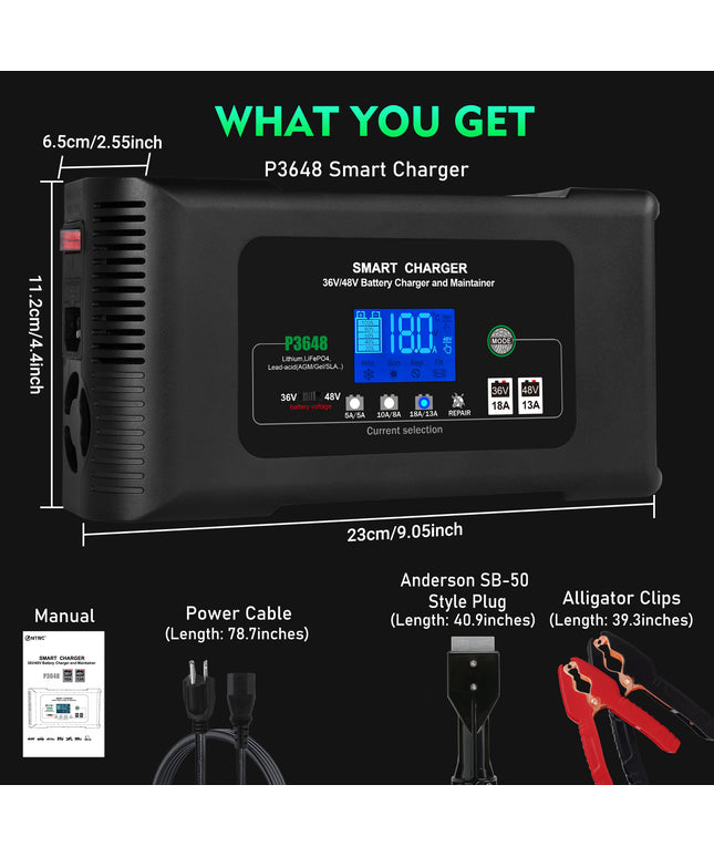 Golf Cart Battery Charger, 36 Volt 18 AMP/48 Volt 13 Amp Car Charger for EZGO Marathon Golf Carts with Anderson SB-50 Style Plug, Lithium, LiFePO4, Lead-Acid AGM/Gel/SLA Smart Charger