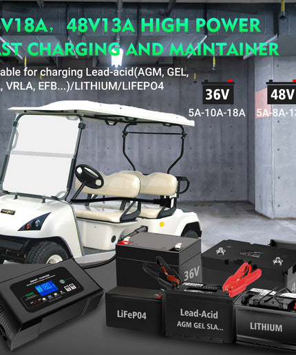 Golf Cart Battery Charger, 36 Volt 18 AMP/48 Volt 13 Amp Car Charger for Club Car Golf Carts with 3 Pin Round Plug, Lithium, LiFePO4, Lead-Acid AGM/Gel/SLA Smart Charger