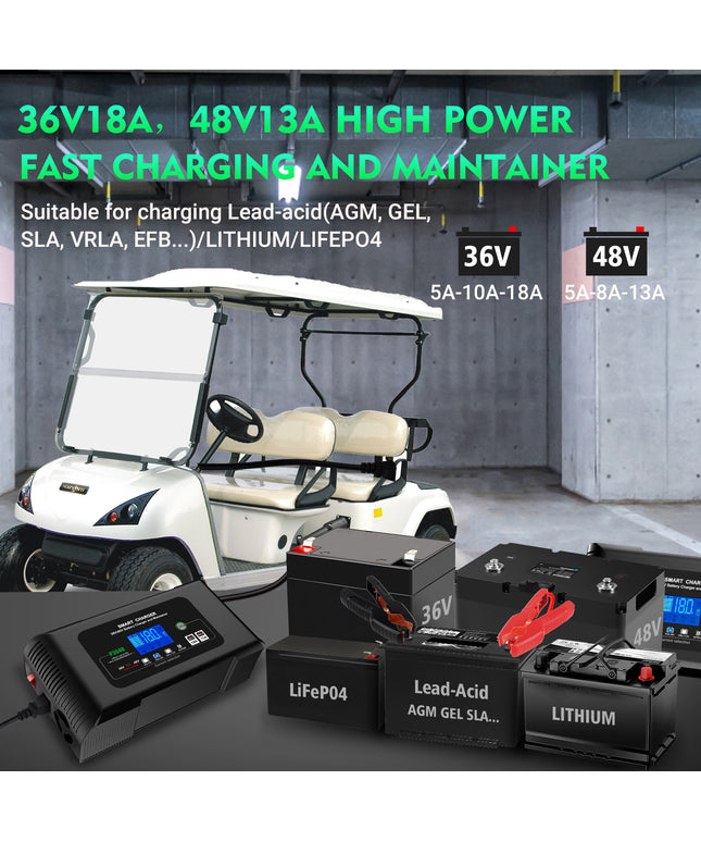 Golf Cart Battery Charger, 36 Volt 18 AMP/48 Volt 13 Amp Car Charger for Club Car Golf Carts with 3 Pin Round Plug, Lithium, LiFePO4, Lead-Acid AGM/Gel/SLA Smart Charger