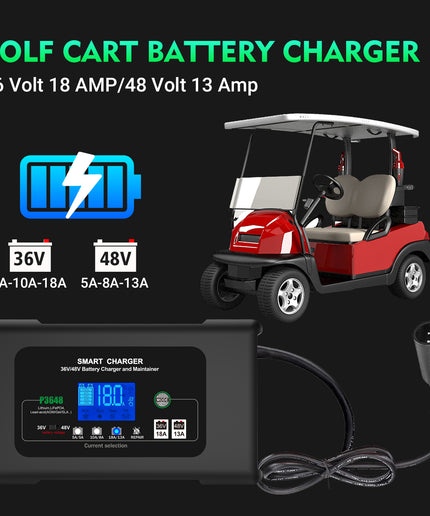 Golf Cart Battery Charger, 36 Volt 18 AMP/48 Volt 13 Amp Car Charger for Club Car Golf Carts with 3 Pin Round Plug, Lithium, LiFePO4, Lead-Acid AGM/Gel/SLA Smart Charger
