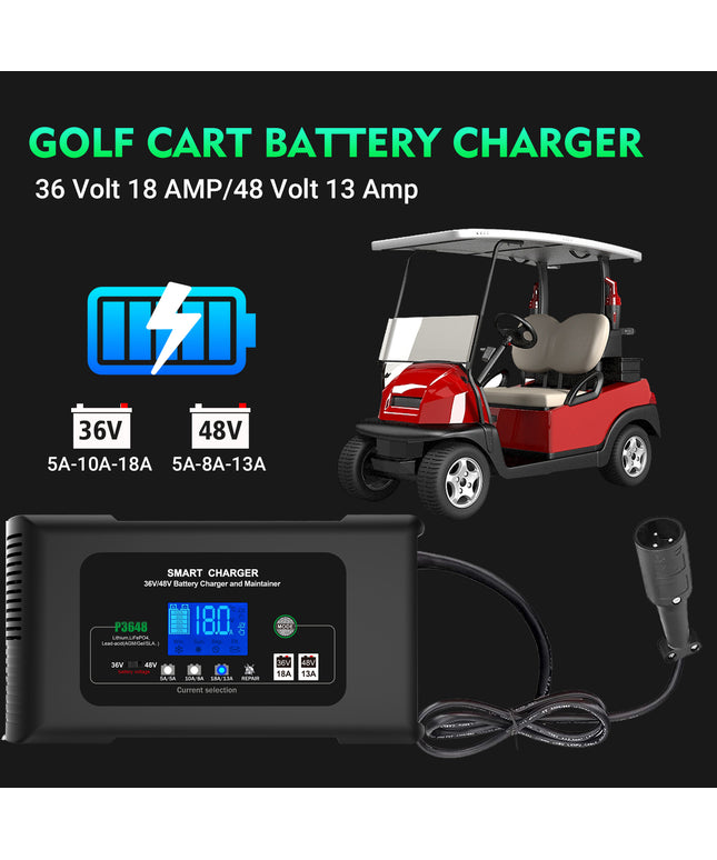 Golf Cart Battery Charger, 36 Volt 18 AMP/48 Volt 13 Amp Car Charger for Club Car Golf Carts with 3 Pin Round Plug, Lithium, LiFePO4, Lead-Acid AGM/Gel/SLA Smart Charger