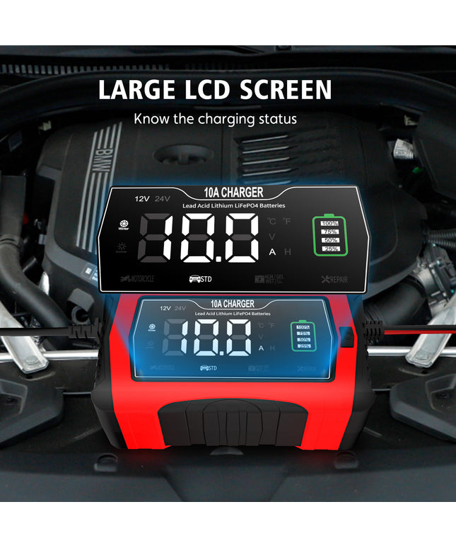 10-Amp Car Battery Charger, 12V and 24V Automotive Charger, Battery Maintainer, Trickle Charger for Car, Motorcycle, Marine, Boat, Lead-Acid, Lithium, LiFePo4 Battery