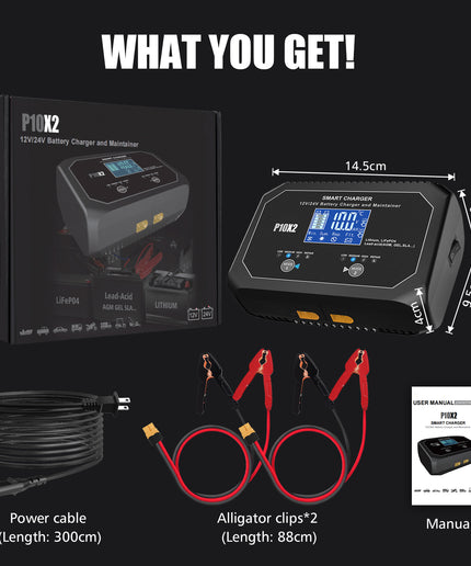 2-Bank Automatic Smart Charger, 12V/10A 24V/5A Dual Automotive Car Battery Charger with LED Display, Battery Maintainer, Float Charger, Trickle Charger for Lead-Acid, Lithium, LiFePo4 Battery